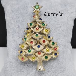 Gerry’s Christmas Tree Brooch Gold Tone Enamel Ornaments 1960s Vintage